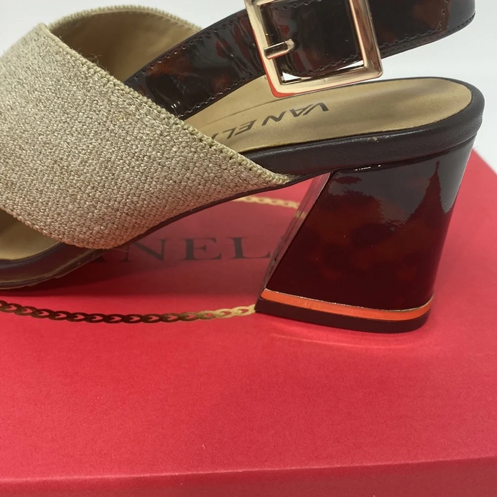 VANELI Bamba Natural Canvas Animal Print Detail Gold Trim Heel Size 7.5 Med NEW - Picture 5 of 16